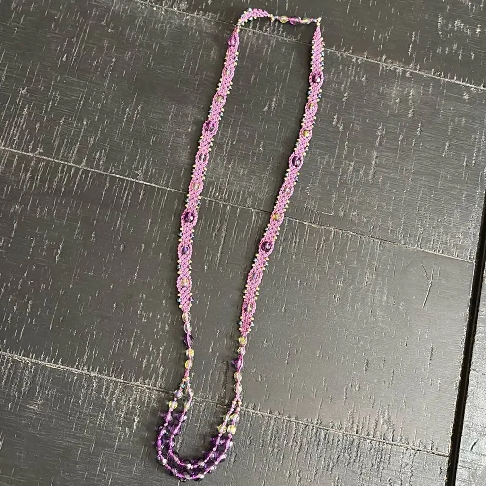 Purple Aurora Borealis Bead Beaded Crochet Handmade Necklace Boho Hippie Unique​